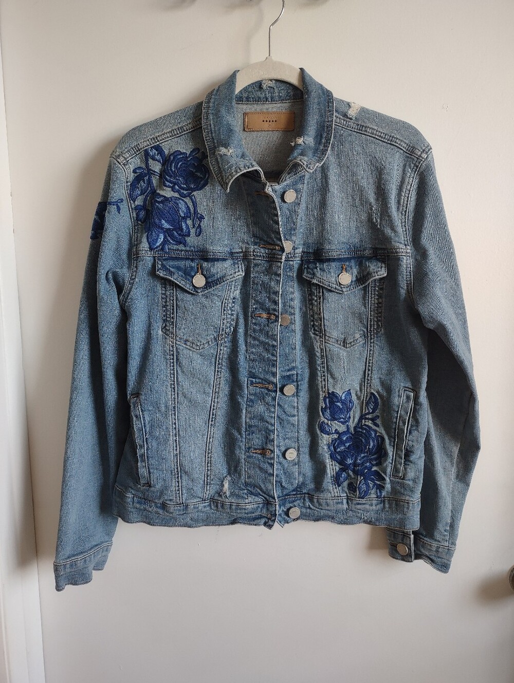 Blank NYC Light Blue Denim Jacket with Blue Floral Embroidery
